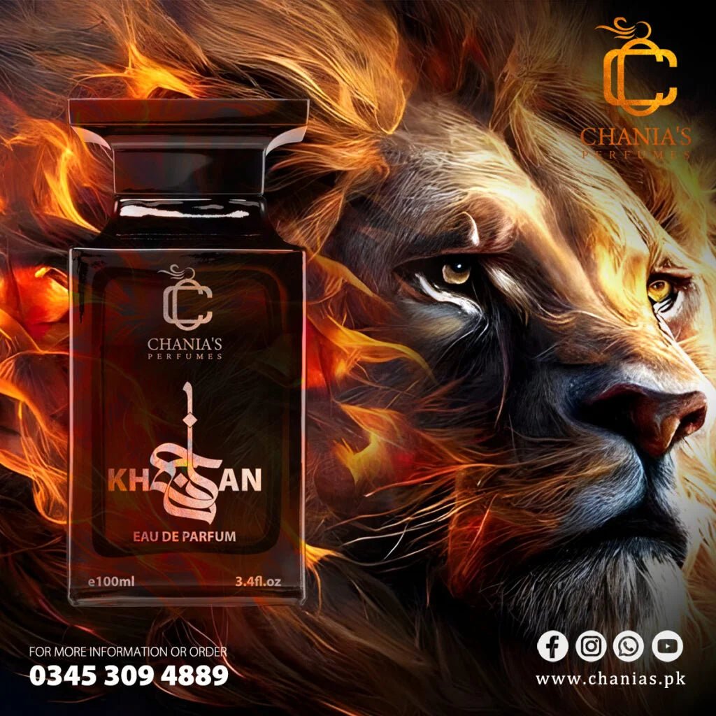 Chania’s Issme Aura perfume, inspired by Issey Miyake, displayed beside a fierce lion with fiery patterns on its face, symbolizing strength and elegance.